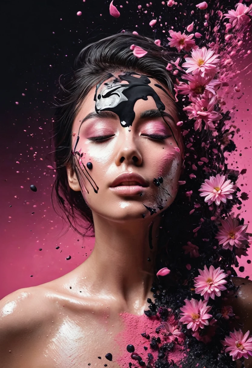 Photorealistic image of a woman mid shot, abstract background, black and pink gradient,  made of flowers, paint spilling , ultra clear