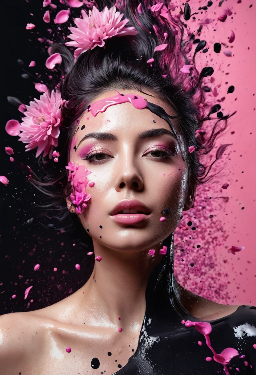 Photorealistic image of a woman mid shot, abstract background, black and pink gradient,  made of flowers, paint spilling , ultra clear