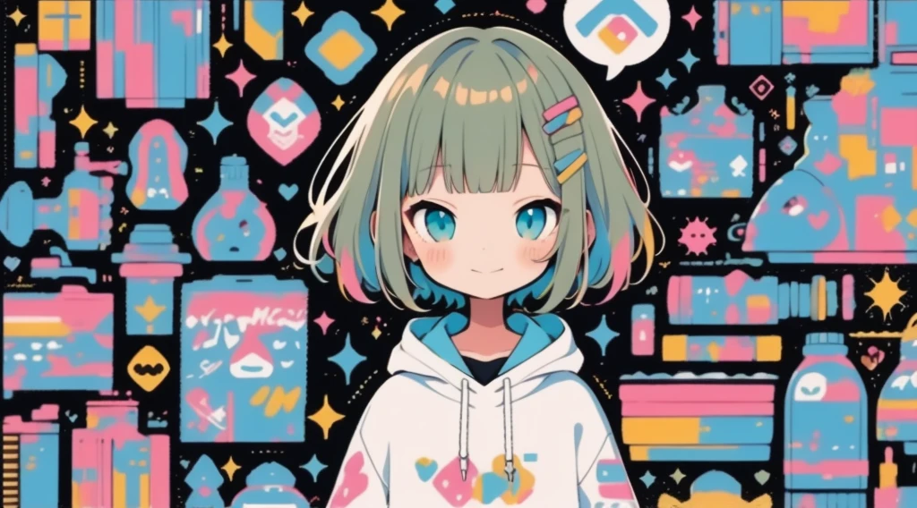 high quality、Colorful color palette、high resolution、pretty girl、 Pink hoodie、An unprecedented number of draws、Anime Style、Geometric background、Sticker Style、short hair、Blonde、Turquoise Eyes, Messy Hair, Pink hoodie、Cat ears of the same color as the hair、front, Hands posing, Until death, Bondage, Baggy clothes