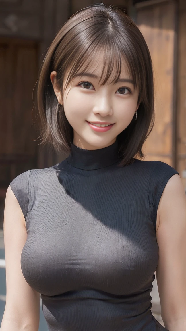 Highest quality, masterpiece, Ultra-high resolution, (Realistic:1.4), Beautiful woman, ((Big Breasts:1.3)), (((Short Bob))), (((Brown ash))), Beautiful Skin, Fine skin, 魅惑的なsmile, Background blur, smile, Hair over the ears, beautiful girl, Fair skin, Voluptuous, Plump body, Random color sleeveless turtleneck knit,(Tight clothing、Accentuates body lines:1.5) 