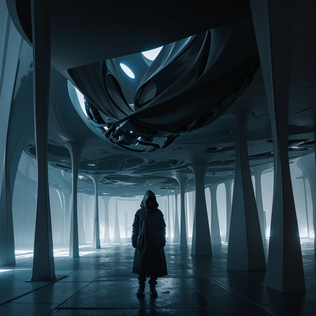 (The best quality)Hooded person exploring the futuristic architecture of an advanced civilization on another planet with dark color palette