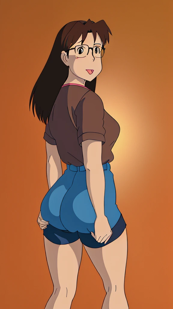 koyomi mizuhara, black glasses, brown hair, long hair, brown eyes, looking at viewer,  medium breasts, pinup, wallpaper, nsfw, lewd expression, waist, blue tucked shirt, black biker shorts, looking back, bubble butt, sticking her tongue outward, tongue tease, ecchi, standing, tight ass cheeks