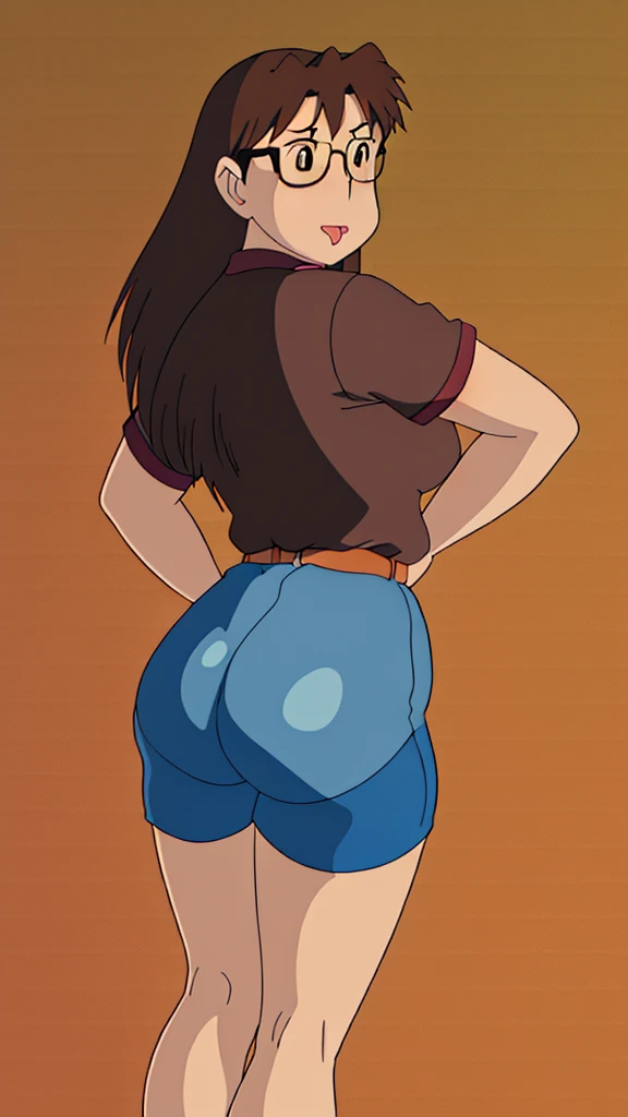 koyomi mizuhara, black glasses, brown hair, long hair, brown eyes, looking at viewer,  medium breasts, pinup, wallpaper, nsfw, lewd expression, waist, blue tucked shirt, black biker shorts, looking back, bubble butt, sticking her tongue outward, tongue tease, ecchi, standing, tight ass cheeks