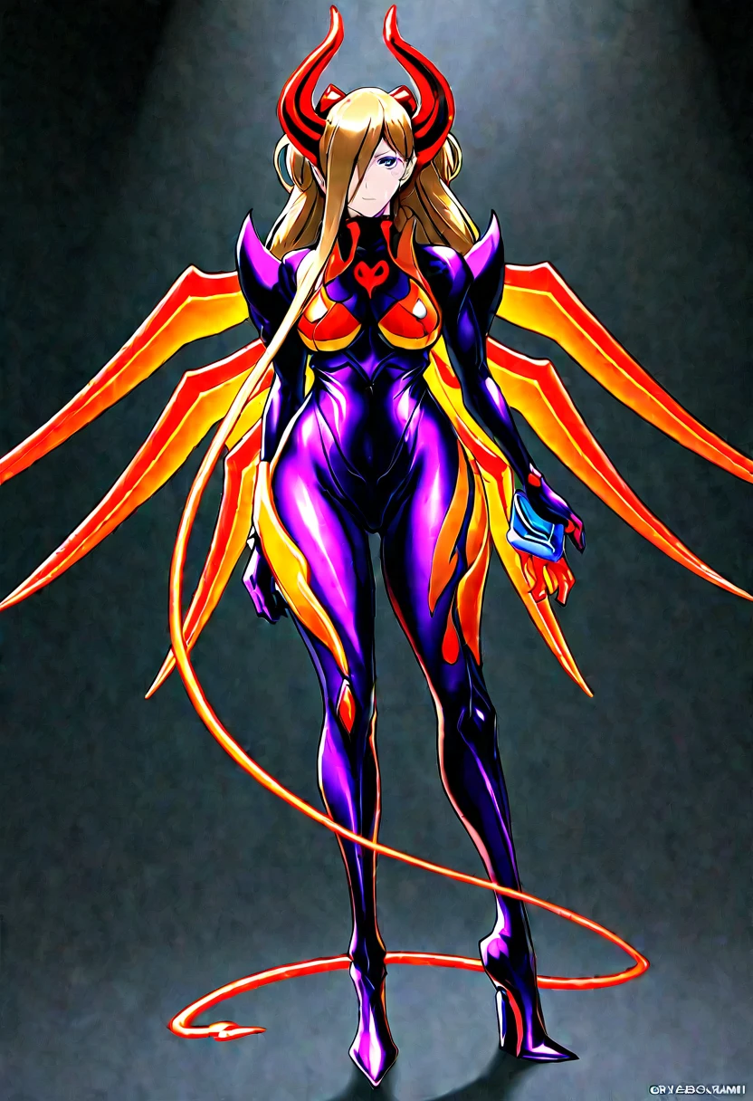 NSFW，Full-body concept art, 1 woman,asuka langley shikinami Black and purple plug suit，A figure fused with a dragon, witch blade motivism, evil fall, symbiote skin,  Blood vessels floating all over the body, full body suit, enemy woman, bio full skin suit, high image quality, real, high detail, 16K, purple gloves, renamon bodysuit, fortified suit, glossy, digimon, goddess, mature female, mistress, fox mask, masterpiece, more_details:-1, more_details:0, more_details:0.5, more_details:1, more_details:1.5