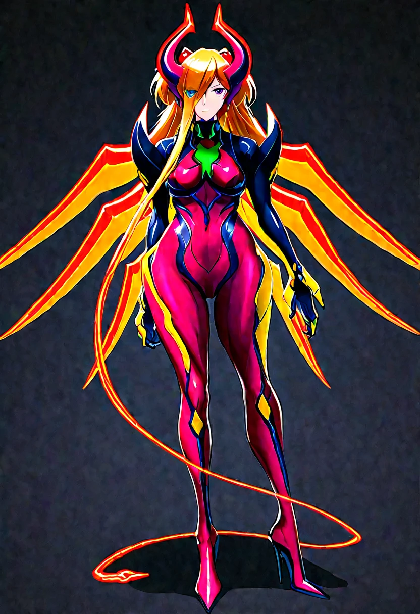 NSFW，Full-body concept art, 1 woman,asuka langley shikinami Black and purple plug suit，A figure fused with a dragon, witch blade motivism, evil fall, symbiote skin,  Blood vessels floating all over the body, full body suit, enemy woman, bio full skin suit, high image quality, real, high detail, 16K, purple gloves, renamon bodysuit, fortified suit, glossy, digimon, goddess, mature female, mistress, fox mask, masterpiece, more_details:-1, more_details:0, more_details:0.5, more_details:1, more_details:1.5