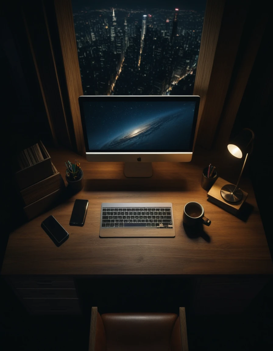 NIGHT, DARK, desk,top point of view, picture taken from up, cinematic, large wooden desk