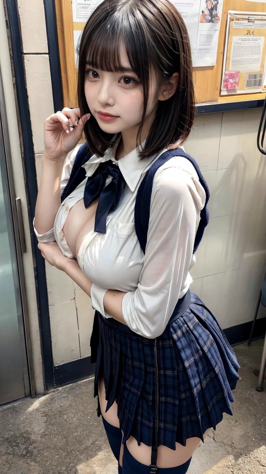 beautiful girl, One Girl, (School uniforms, Delicate girl:1.3), (:1.3), break, (Train Station, Station platform background:1.2), break, Embarrassed Laugh, Very beautiful eyes, (Symmetrical eyes:1.3), break, (Big Breasts:1.3), Brown eyes, Parted bangs, Brown bob cut hair:1.3, Slim body, Round face, cute, break, (Eye and facial details:1.0), Spread your legs, To pee:1.3, Urinating:1.3, Low - Angle, Pussy Line, Camel Toe, Looking into the camera, masterpiece, Highest quality, RAW Photos, Realistic, Cute Girls, Written boundary depth, High resolution, Very detailedな, In detail, Very detailed, Very detailed目と顔, Cinema Lighting