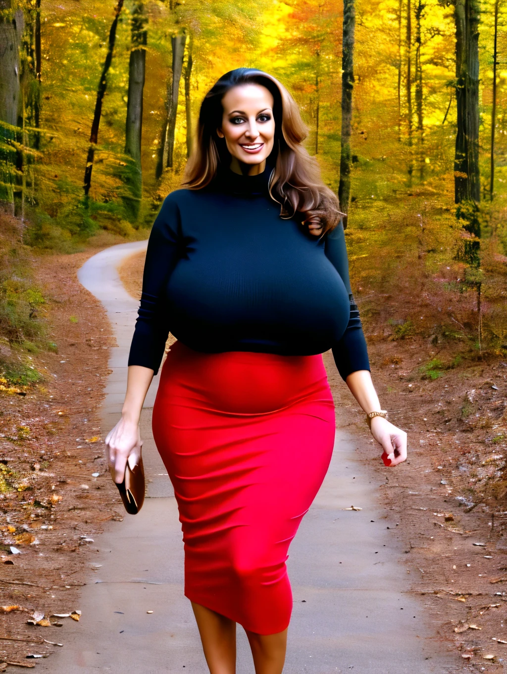 stock photo, extremely high quality, 8k, ((whole body in picture)), attractive beautiful business lady, 24yo, Ava Addams, very slim waist, wide hips, sportive figure, long curly open hair, friendly smile, beautiful eyes, walking on a sandy path in the dark forest, cozy, casual, film grain, analog, (gigantic saggy breasts:1.3), cozy loose sweater, very long business skirt, high heels, very pretty woman