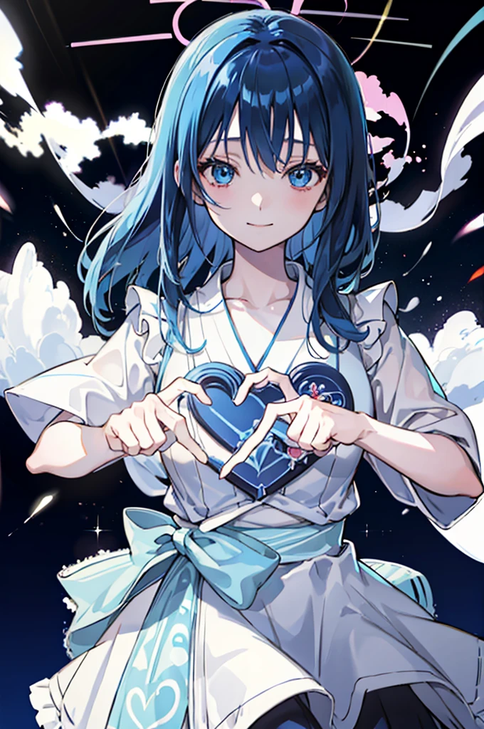 (1girl), blue hair, blue eyes, Maid Dress, (Messy Japanese Round Haircut for Thick Hair), (blue hair), ((solo)), (magazine:1.3), (cover-style:1.3), fashionable, spoken heart, heart hands, light smile, looking at viewer, very aesthetic, absurdres, rating: general, newest, anime coloring, anime screencap, megami magazine, masterpiece, best quality, loraeyes,