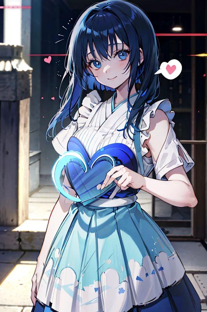 (1girl), blue hair, blue eyes, Maid Dress, (Messy Japanese Round Haircut for Thick Hair), (blue hair), ((solo)), (magazine:1.3), (cover-style:1.3), fashionable, spoken heart, heart hands, light smile, looking at viewer, very aesthetic, absurdres, rating: general, newest, anime coloring, anime screencap, megami magazine, masterpiece, best quality, loraeyes,