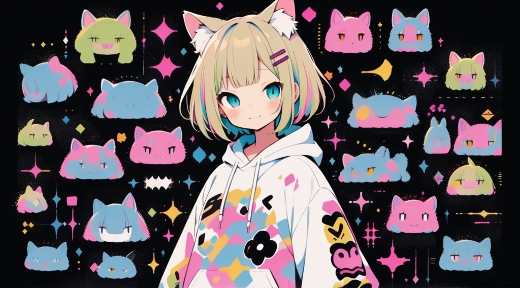 high quality、Colorful color palette、high resolution、pretty girl、 Pink hoodie、An unprecedented number of draws、Anime Style、Geometric background、Sticker Style、short hair、Blonde、Turquoise Eyes, Messy Hair, Pink hoodie、Cat ears of the same color as the hair、front, Hands posing, Until death, Bondage, Baggy clothes