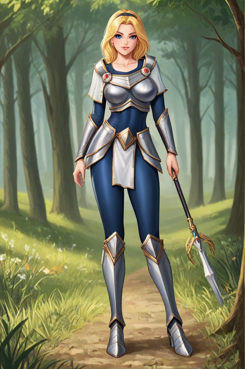 score_9, score_8_up, score_7_up, score_6_up, score_5_up, score_4_up, LuxLoLXL, blue eyes, blonde hair, long hair, hairband, big breasts, collarbone, shoulder armor, armor, blue bodysuit, breastplate, long sleeves, faulds, skirt, blue pants, armored boots, holding staff, solo, full body, standing, seductive smile, looking at viewer, forest, tree