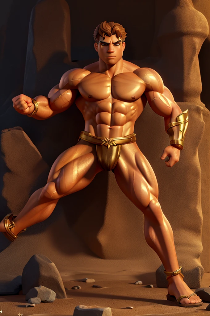 a muscular greek god hercules, golden armor, gold bracelets, brown sandals, detailed muscular body, hyper detailed pecs and biceps, cinematic lighting, dramatic pose, chiaroscuro lighting, dark background, masterpiece, ultra-detailed, 8k, realistic