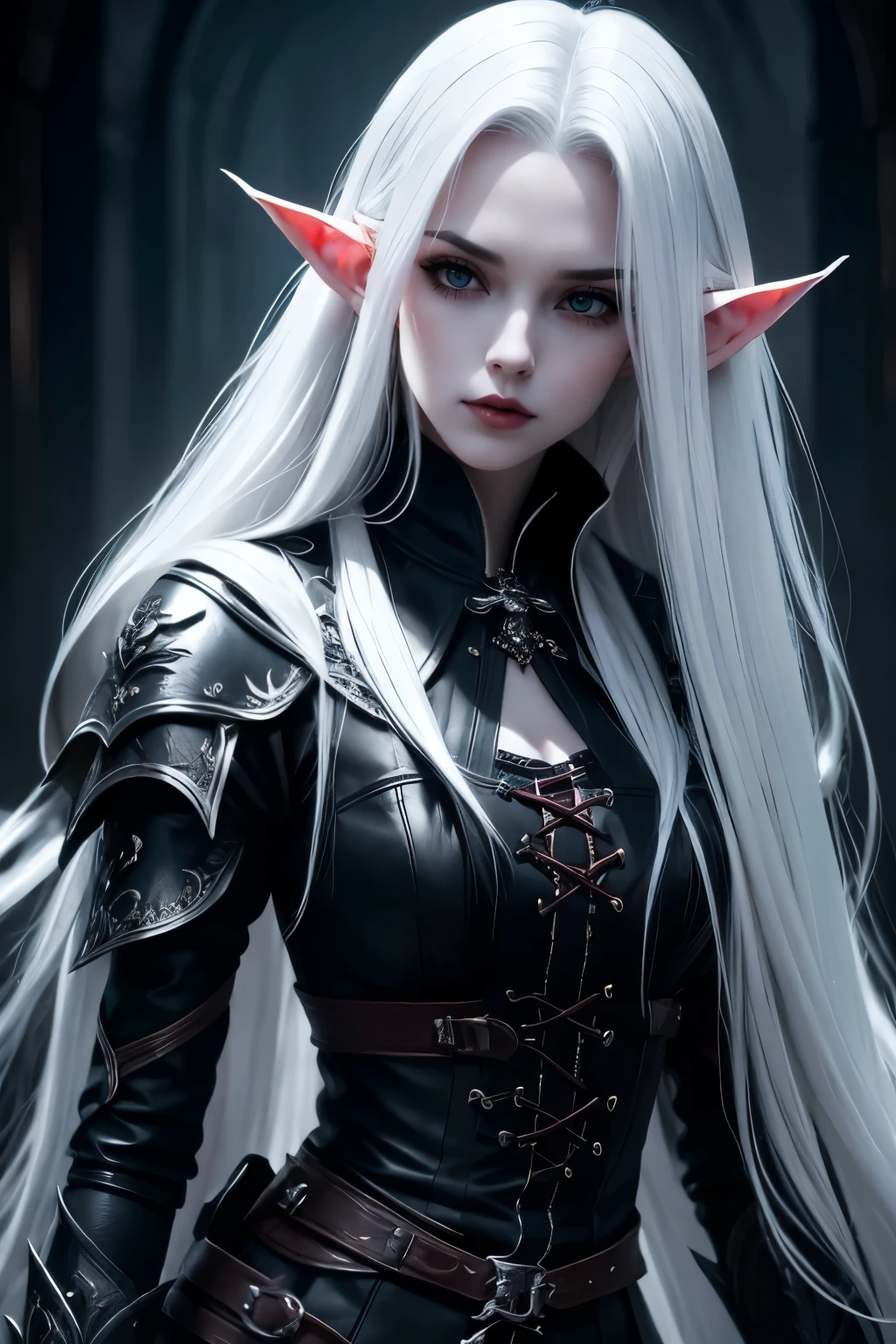 dracula effect on a girl with evil power with white hair, fully clothed, pale shadar-kai skin, elf, gloomy, silky hair, long hair, long gloves, black leather armor, hair ornemant flower, standing up, ranger, archer.