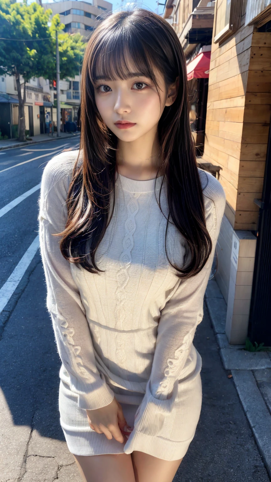 masterpiece, Best Quality, Illustration, Ultra-detailed, finely detail, hight resolution, 8K Wallpaper, Perfect dynamic composition, Beautiful detailed eyes, Tight Mini,Medium Hair,,Natural Color Lip, Randomly sexy poses,Harajuku、20 years girl、Cute、Sexy shot looking at camera,Cute long-sleeved dress,Slender face,Slender body,Background blur