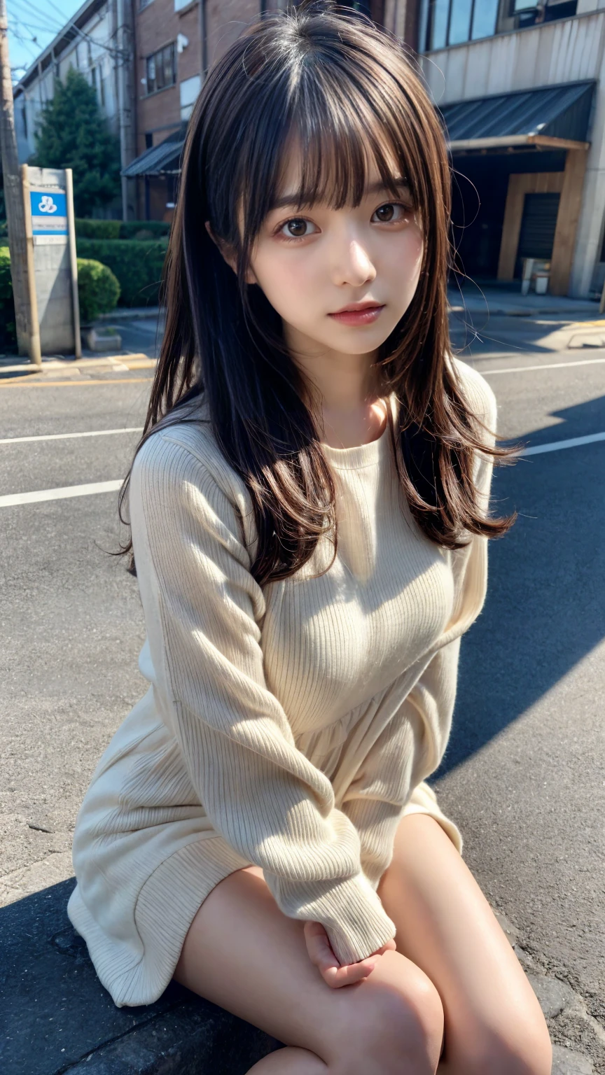 masterpiece, Best Quality, Illustration, Ultra-detailed, finely detail, hight resolution, 8K Wallpaper, Perfect dynamic composition, Beautiful detailed eyes, Tight Mini,Medium Hair,,Natural Color Lip, Randomly sexy poses,Harajuku、20 years girl、Cute、Sexy shot looking at camera,Cute long-sleeved dress,Slender face,Slender body,Background blur