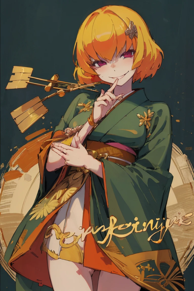 ((Highest quality)), ((masterpiece)), (be familiar with),Clementine,Overload,nsfw,kimono,Gorgeous green dress,Gold embroidery,hairpin,Captivating smile
