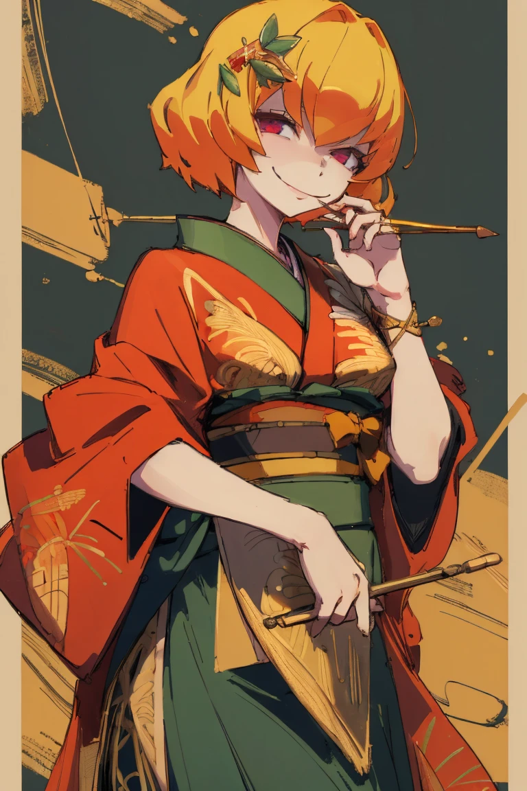 ((Highest quality)), ((masterpiece)), (be familiar with),Clementine,Overload,nsfw,kimono,Gorgeous green dress,Gold embroidery,hairpin,Captivating smile