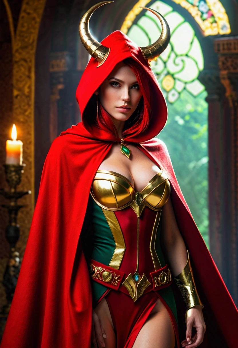 cru， Masterpiece artwork， ultra-thin photos， ， best qualityer， ultra-high resolution， realistically， rays of sunlight， full-body portraits， incredibly beautiful， ， dynamic poses， 精致的面容， vibrant eyes，One of them is wearing red and gold clothes, a woman with horns and horns., Alexstrasza woman, pointy ears, standing alone, o elfo, へそ, hooded cloak, colored fur, diaphragm, looking ahead at viewer, cabelo longo e branco, layer, nedio breasts, Red hair, cover, capes, medium breasts, layers com hooded cloak, tira obi, duffel bag, Eyes red,greeneyes, the upper part of the body, missiles, glowing light eyes, separated lips, ((Masterpiece artwork, Best quality at best)), Artwork by Greg Rutkoski, Hot topics on artstation