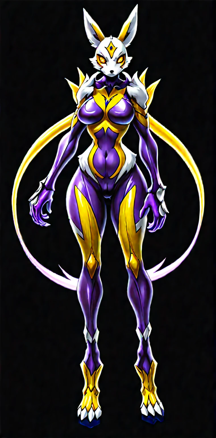 ((Whole body):1.5), NSFW,browsing caution, whole body concept art, {(((1 Woman fused with renamon))}, {Wear renamon Skin's full body suit and renamon Skin's full face mask)}, {((Fusion with renamon))}, {((Life Clothes)}, {((Fallved into Evil, Fox Monster)}, {((Yellow Full Skin Suit))}, 16K, High quality, Attention to details, Ultra High Resolution,Full-body concept art, 1 woman,A figure fused with a dragon, witch blade motivism, evil fall, symbiote skin, Blood vessels floating all over the body, yellow and purple full body suit, enemy woman, bio full skin suit, high image quality, real, high detail, 16K, purple gloves, renamon bodysuit, fortified suit, glossy, digimon, goddess, mature female, mistress, fox mask, masterpiece, more_details:-1, more_details:0, more_details:0.5, more_details:1, more_details:1.5