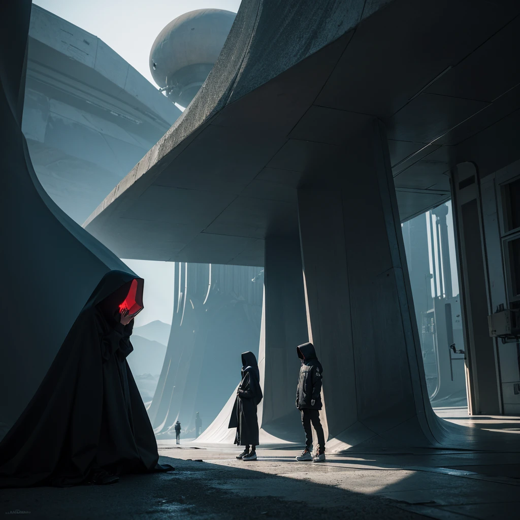(The best quality)Hooded person observing the futuristic architecture of an advanced civilization on another planet with dark color palette