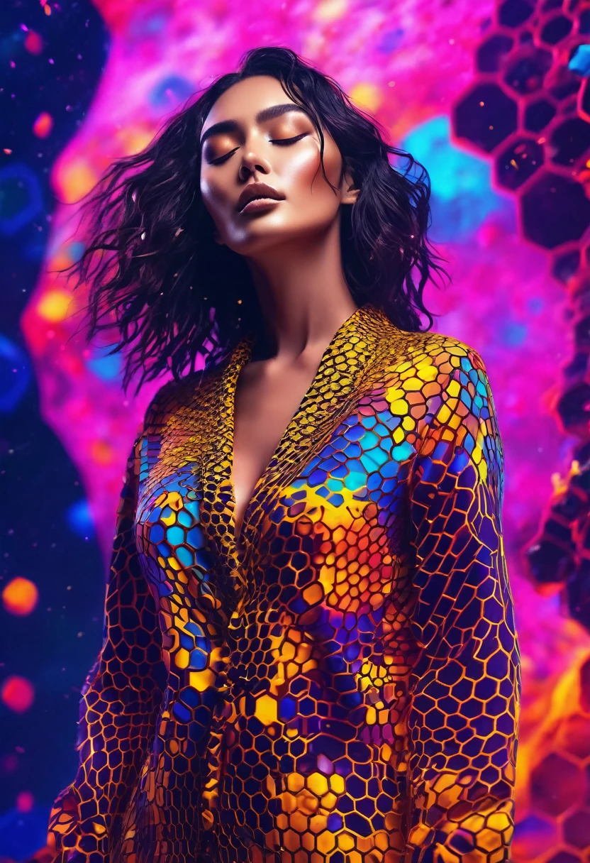 masterpiece,best quality,woman,closed eyes,  
 splashing,abstract,psychedelic,neon,(honeycomb pattern deepv v outfit),(creative:1.3),sy3,SMM,fantasy00d, ultra clear