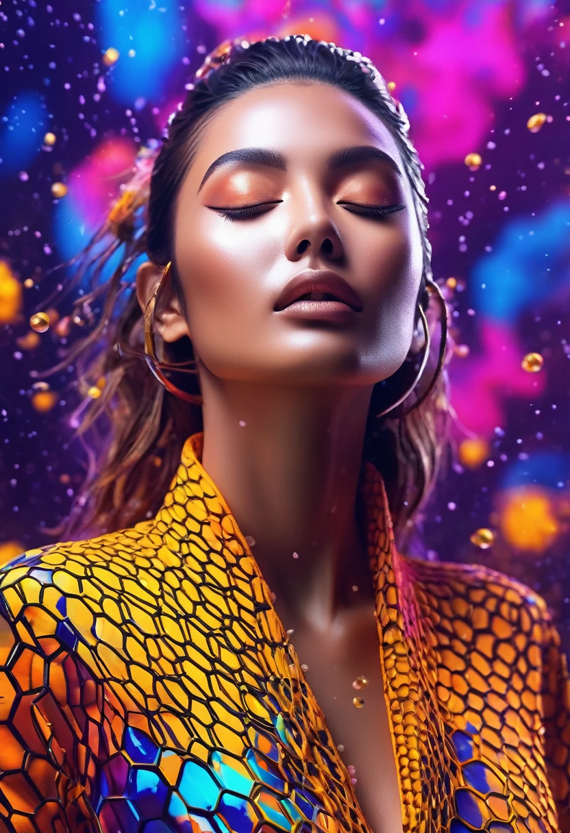 masterpiece,best quality,woman,closed eyes,  
 splashing,abstract,psychedelic,neon,(honeycomb pattern deepv v outfit),(creative:1.3),sy3,SMM,fantasy00d, ultra clear