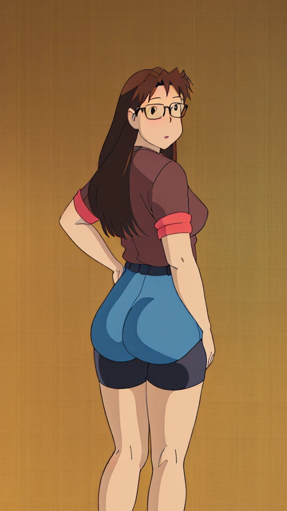 koyomi mizuhara, black glasses, brown hair, long hair, brown eyes, looking at viewer,  medium breasts, pinup, wallpaper, nsfw, lewd expression, waist, blue tucked shirt, black biker shorts, looking back, bubble butt, tease, ecchi, standing, tight ass cheeks