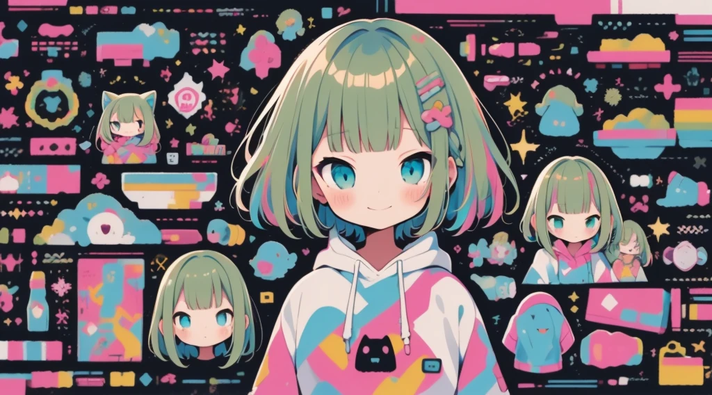 high quality、Colorful color palette、high resolution、pretty girl、 Pink hoodie、An unprecedented number of draws、Anime Style、Geometric background、Sticker Style、short hair、Blonde、Turquoise Eyes, Messy Hair, Pink hoodie、Cat ears of the same color as the hair、front, Hands posing, Until death, Bondage, Baggy clothes