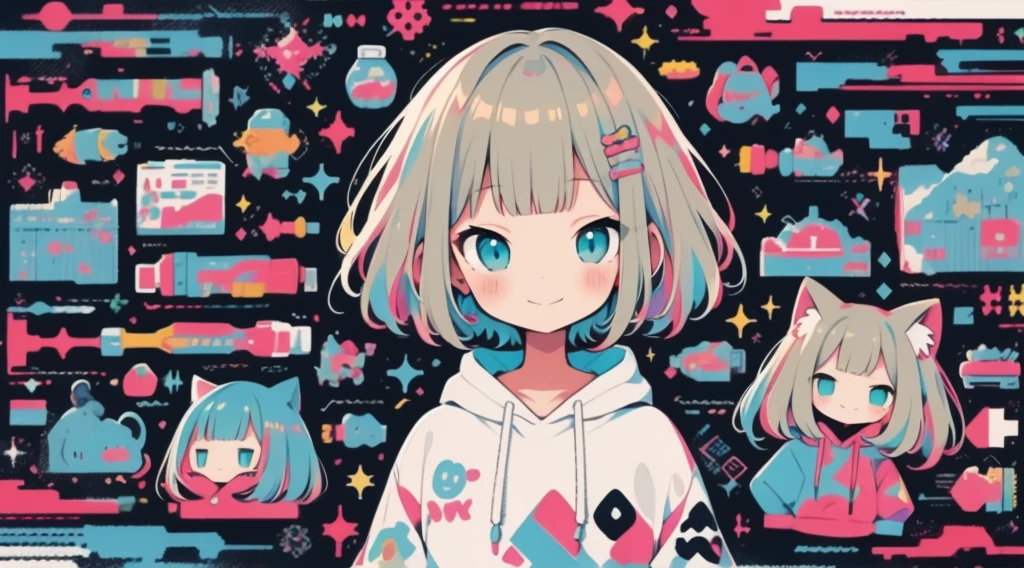 high quality、Colorful color palette、high resolution、pretty girl、 Pink hoodie、An unprecedented number of draws、Anime Style、Geometric background、Sticker Style、short hair、Blonde、Turquoise Eyes, Messy Hair, Pink hoodie、Cat ears of the same color as the hair、front, Hands posing, Until death, Bondage, Baggy clothes