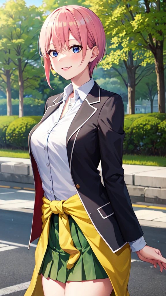 masterpiece, best quality, highres, aaichika, short hair, white shirt, collared shirt, black jacket, blazer, open jacket, long sleeves, clothes around waist, green skirt, pleated skirt, cowboy shot, standing, outdoors, smile,