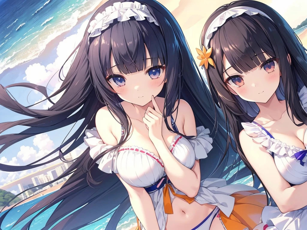 best quality, extremely detailed, ((((anime style 2girl)))),((yuri)),1st girl long hair down to the waist, straight hair, dark black hair with bluish,beautiful detailed eyes, pinched eyes, dark blue eyes,2nd girl wavy long hair,((((blunt bangs)))),(hair between eyes),bright blond hair,beautiful detailed eyes,Orange eyes,Sharp eyes with many eyelashes,huge breasts,cutie white base colorful frill
Bikini,hair ornament,rabbit like hairband,beach side Luxurious room,smile,active pose