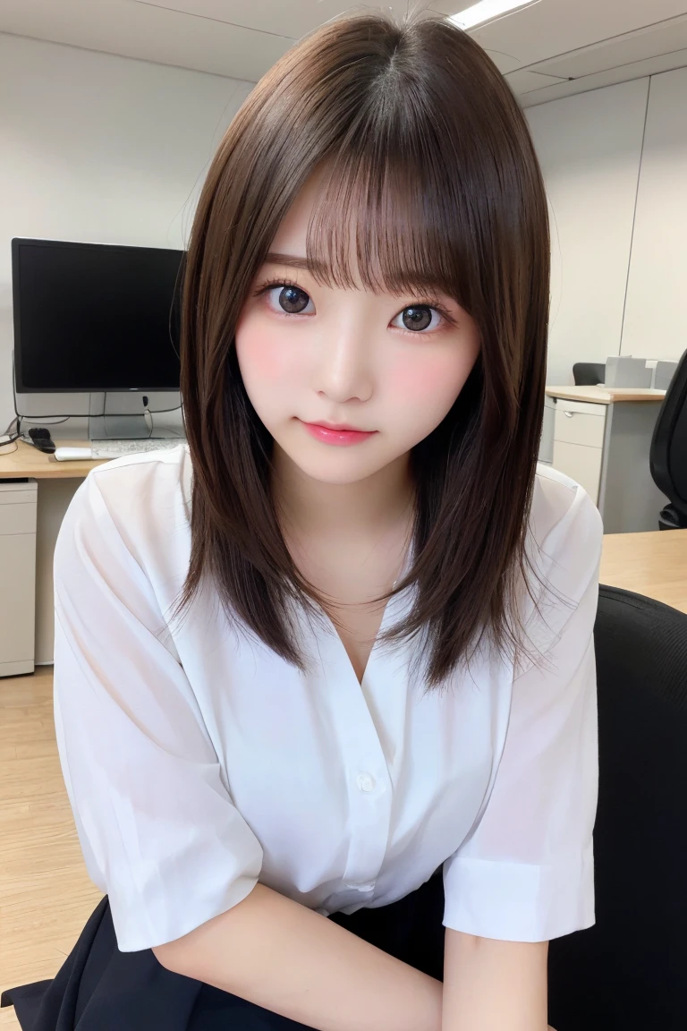japanese、Highest quality, (beautiful)、Very delicate eyes、Brown eyes、22-year-old female、office、Date、short hair、cheeks are slightly plump、(((whole body)))、As if looking up from below