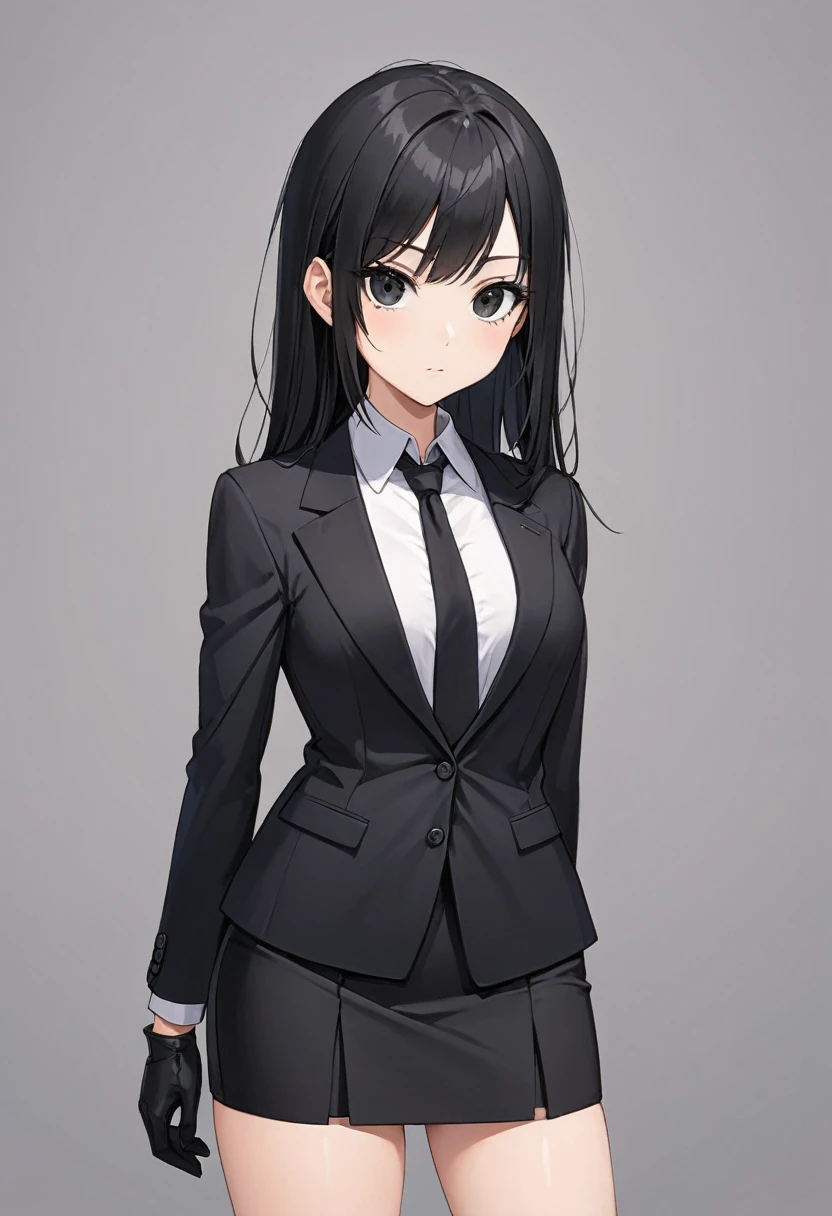 Black miniskirt , black shoes , pencil skirt , whole body , thighs , black hair , black eyes , straight hair ,Black shorts blazer with open buttons , black tie , bare legs , face , Black gloves , standing posture