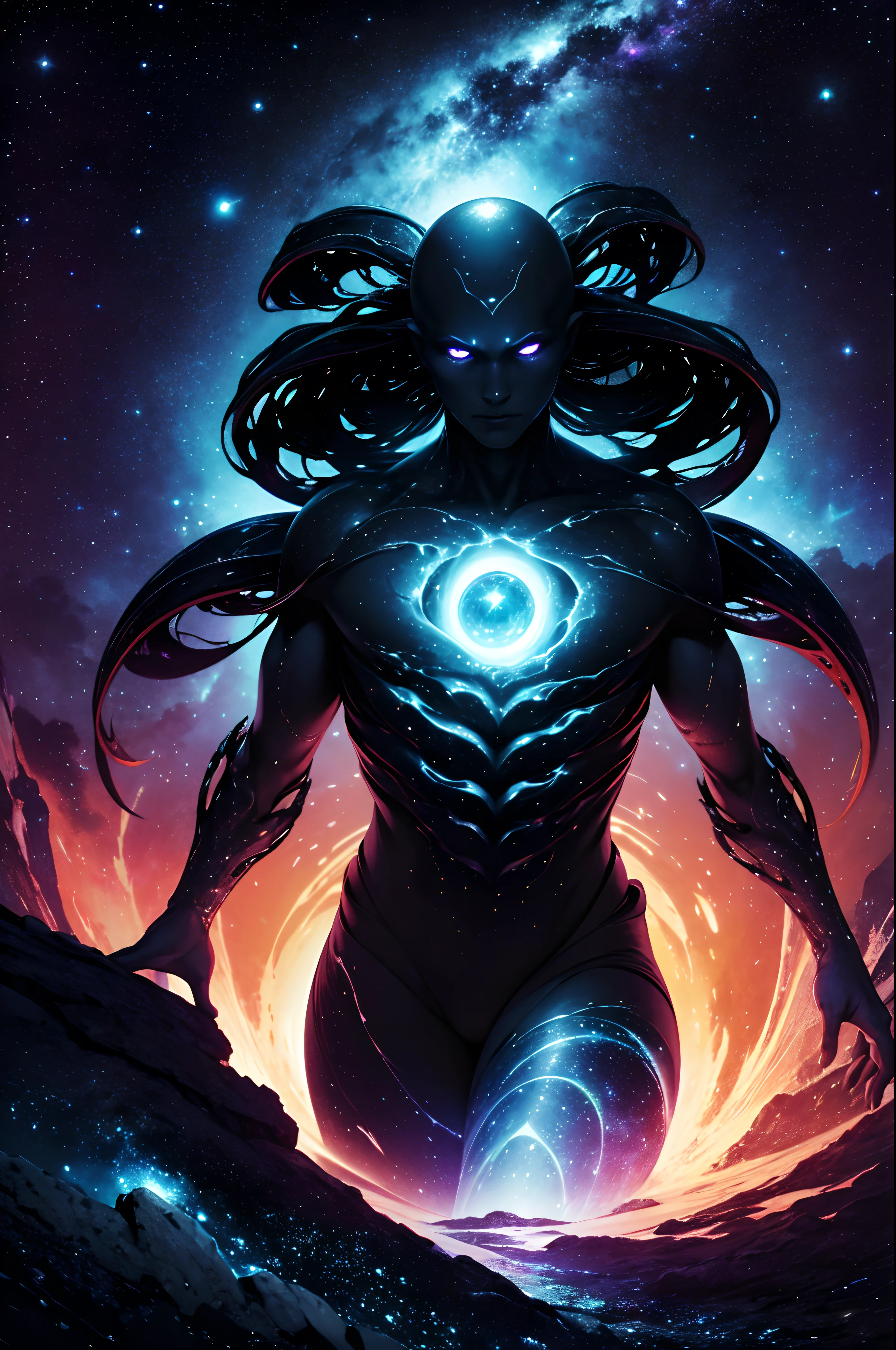 "cosmic entity": um ser com quatro olhos brilhantes, multiple arms, A breathtaking view from space reveals a twisted galaxy filled with strange life forms and entities that humans understand. Planet with night sky, fenda, leviathan, 8k, lindo, dramatic scene, buraco negro, void