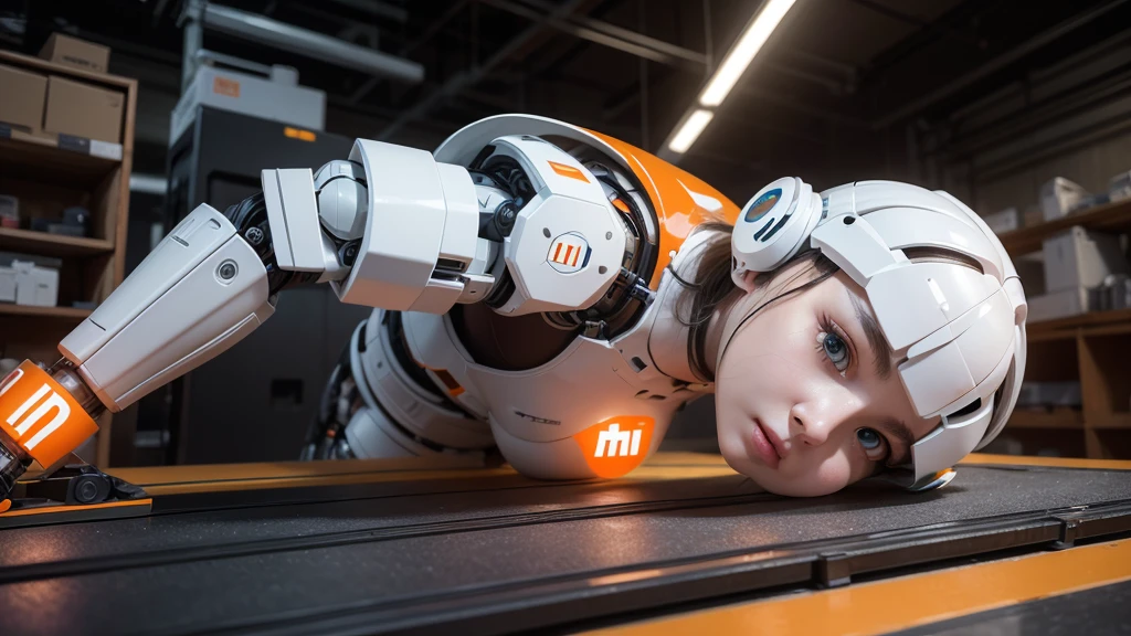 Create realistic image of humanoid robots in white and orange colors by manufacturing parts and other robots in a Xiaomi factory