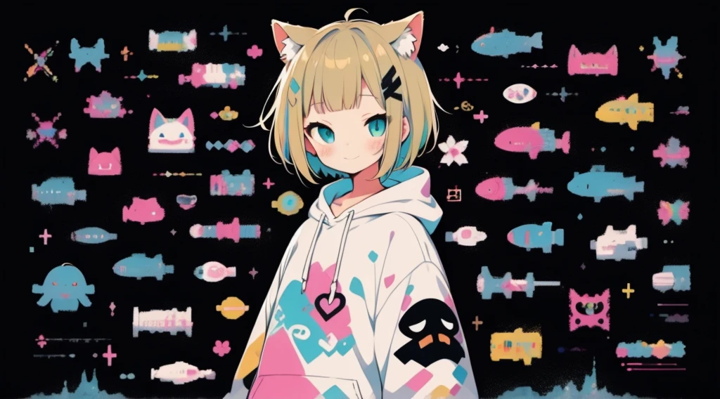 high quality、Colorful color palette、high resolution、pretty girl、 Pink hoodie、An unprecedented number of draws、Anime Style、Geometric background、Sticker Style、short hair、Blonde、Turquoise Eyes, Messy Hair, Pink hoodie、Cat ears of the same color as the hair、front, Hands posing, Until death, Bondage, Baggy clothes