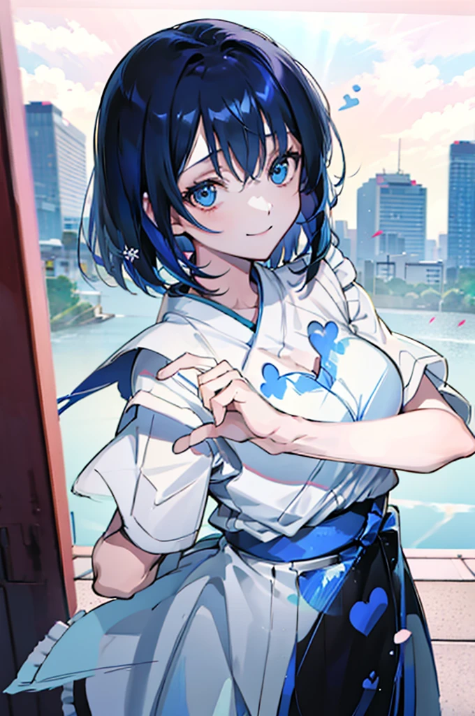 (1girl), blue hair, blue eyes, Maid Dress, (Messy Japanese Round Haircut for Thick Hair), (blue hair), ((solo)), (magazine:1.3), (cover-style:1.3), fashionable, spoken heart, heart hands, light smile, looking at viewer, very aesthetic, absurdres, rating: general, newest, anime coloring, anime screencap, megami magazine, masterpiece, best quality, loraeyes,