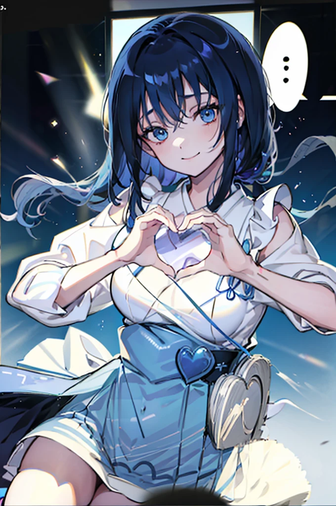 (1girl), blue hair, blue eyes, Maid Dress, (Messy Japanese Round Haircut for Thick Hair), (blue hair), ((solo)), (magazine:1.3), (cover-style:1.3), fashionable, spoken heart, heart hands, light smile, looking at viewer, very aesthetic, absurdres, rating: general, newest, anime coloring, anime screencap, megami magazine, masterpiece, best quality, loraeyes,