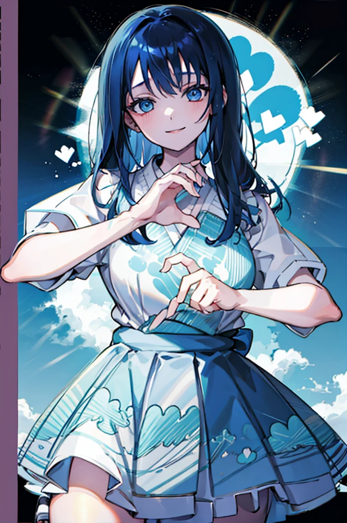 (1girl), blue hair, blue eyes, Maid Dress, (Messy Japanese Round Haircut for Thick Hair), (blue hair), ((solo)), (magazine:1.3), (cover-style:1.3), fashionable, spoken heart, heart hands, light smile, looking at viewer, very aesthetic, absurdres, rating: general, newest, anime coloring, anime screencap, megami magazine, masterpiece, best quality, loraeyes,