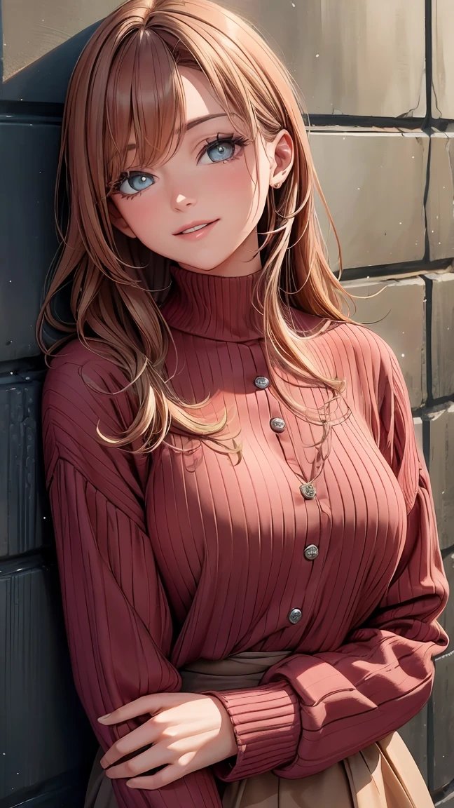 ore no imouto ga konna ni kawaii wake ga nai, 25-yers-old girl with crimson red hair- pulled up into twin ponytails, wearing a brown sweater dress, virgin killer, hallway background, upper body, smiling, lying on the floor 