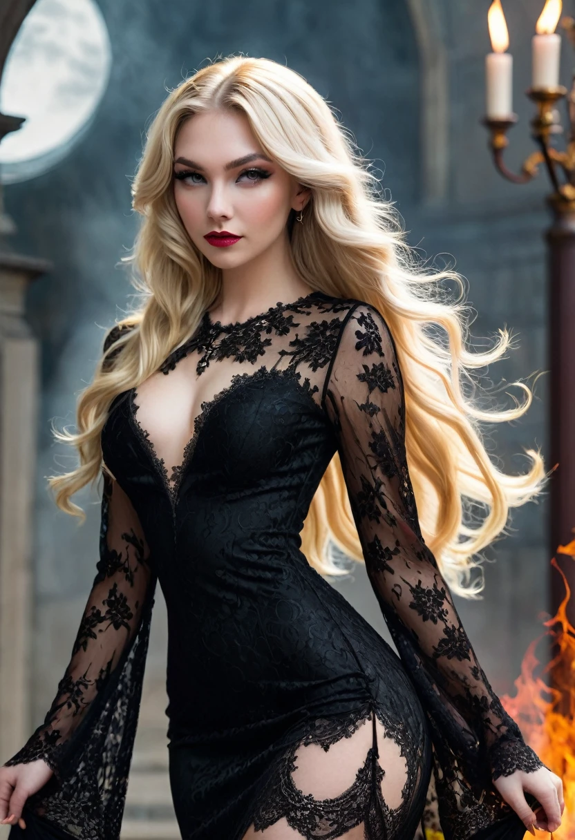 long-haired blonde lover of Lucifer the devil, wearing a black lace dress fit for a queen and (butt size 1.5)