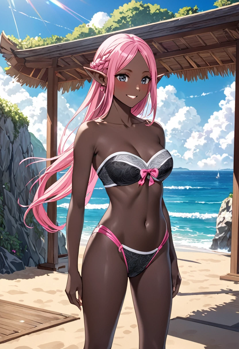 (pov Swimwear style) (beautiful body), (black skin, solo:2, 1000 yo, Braid pink hair long hair cool elf woman, cool gray eyes, ecstasy smile, love mode, small tits), (in a sexy:1.5 detailed bandeau swimsuit, Ruby double exposure:1.1), break, in the Swimsuit contest venue, background detailed beautiful Coast, BREAK, perfect anatomy, masterpiece, best quality, 16k, beautiful detailed love, sexy, daydreaming expression.