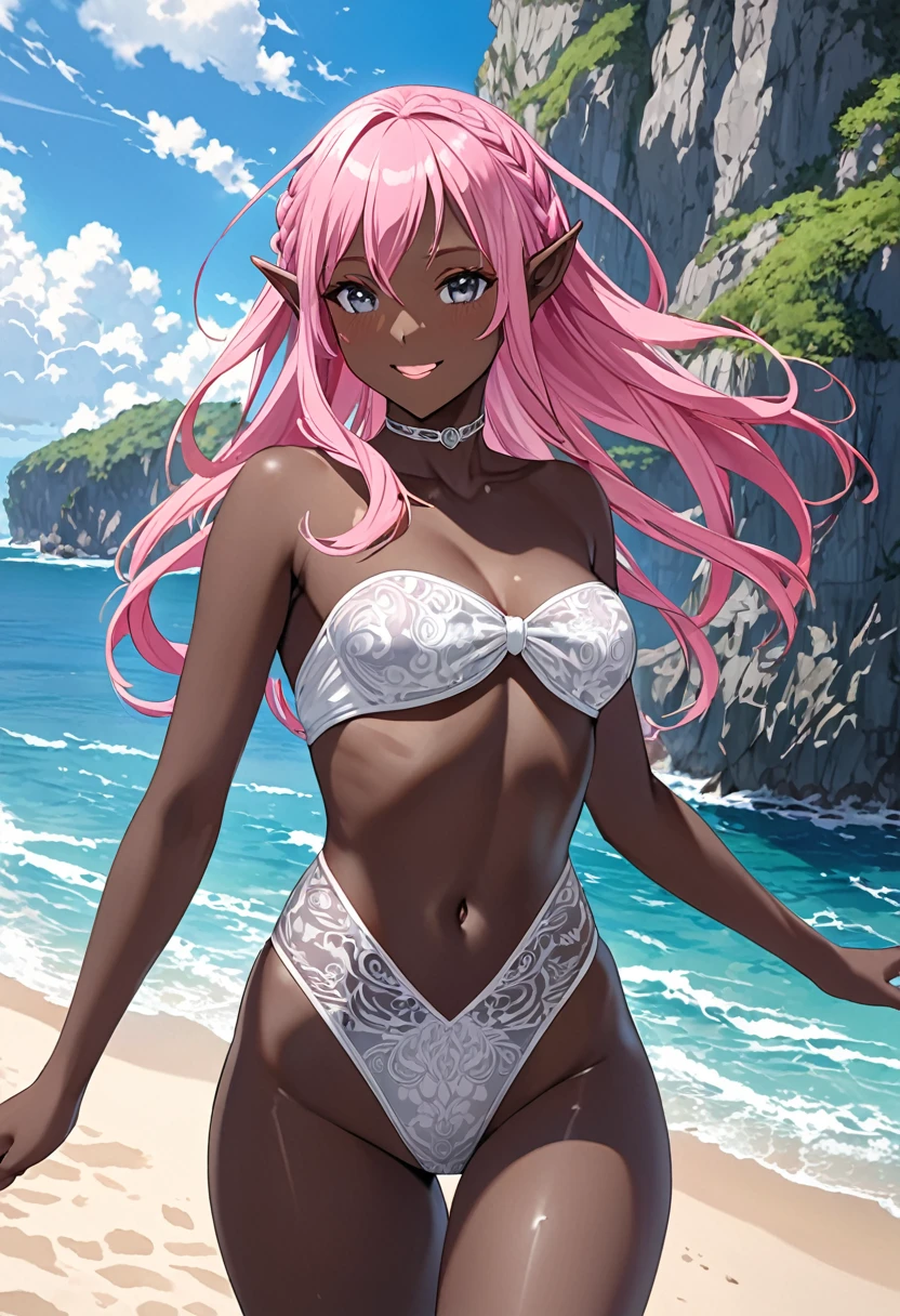 (pov Swimwear style) (beautiful body), (black skin, solo:2, 1000 yo, Braid pink hair long hair cool elf woman, cool gray eyes, ecstasy smile, love mode, small tits), (in a sexy:1.5 detailed bandeau swimsuit, Ruby double exposure:1.1), break, in the Swimsuit contest venue, background detailed beautiful Coast, BREAK, perfect anatomy, masterpiece, best quality, 16k, beautiful detailed love, sexy, daydreaming expression.