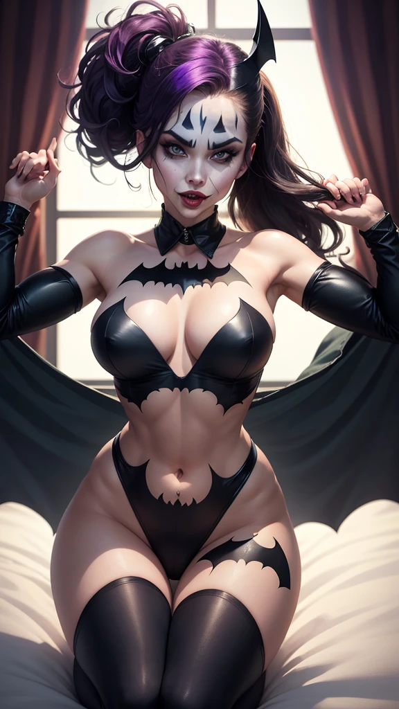 An irresistible work of art to the male eye,beautiful woman jumping ,visible and irresistible waist skin,a gorgeous body,a fusion of joker and Batman cosplay,a beautiful bed...