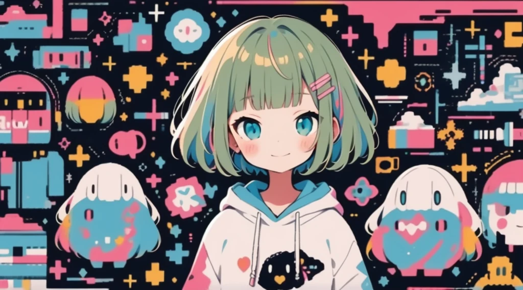 high quality、Colorful color palette、high resolution、pretty girl、 Pink hoodie、An unprecedented number of draws、Anime Style、Geometric background、Sticker Style、short hair、Blonde、Turquoise Eyes, Messy Hair, Pink hoodie、Cat ears of the same color as the hair、front, Hands posing, Until death, Bondage, Baggy clothes