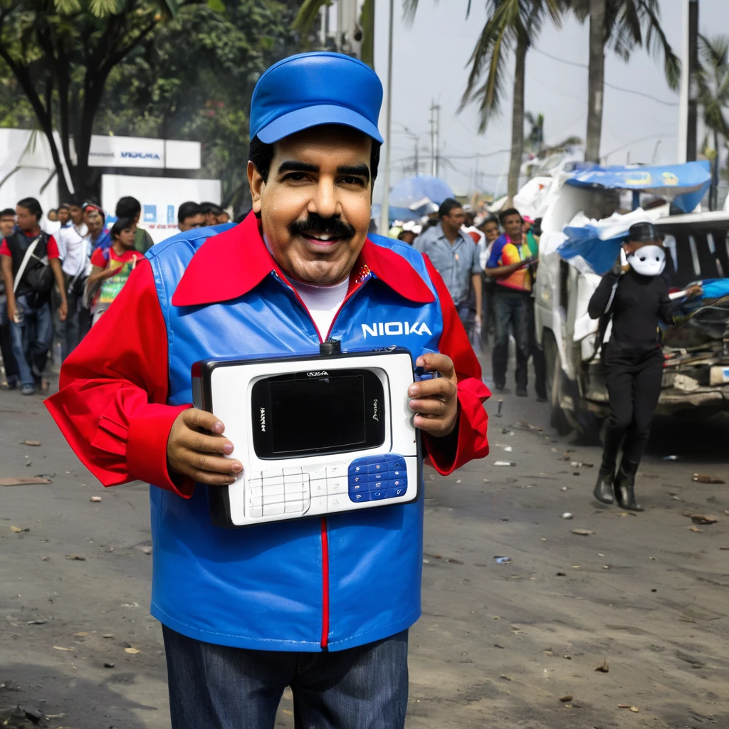 Nicolas Maduro wearing a poorly made old nokia phone mascot costume made of recycled materials