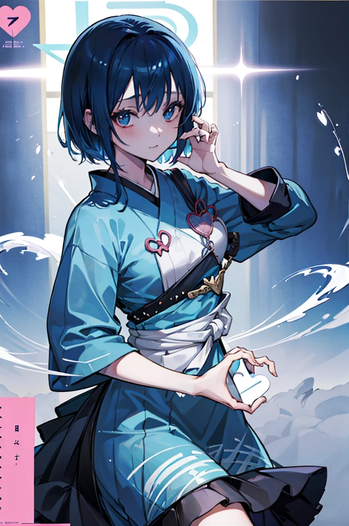 (1girl), shark girl, blue hair, blue eyes, Maid Dress, (Messy Japanese Round Haircut for Thick Hair), (blue hair), ((solo)), (magazine:1.3), (cover-style:1.3), fashionable, spoken heart, heart hands, light smile, looking at viewer, very aesthetic, absurdres, rating: general, newest, anime coloring, anime screencap, megami magazine, masterpiece, best quality, loraeyes,