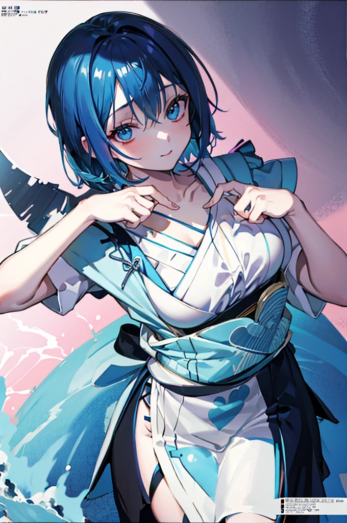 (1girl), shark girl, blue hair, blue eyes, Maid Dress, (Messy Japanese Round Haircut for Thick Hair), (blue hair), ((solo)), (magazine:1.3), (cover-style:1.3), fashionable, spoken heart, heart hands, light smile, looking at viewer, very aesthetic, absurdres, rating: general, newest, anime coloring, anime screencap, megami magazine, masterpiece, best quality, loraeyes,