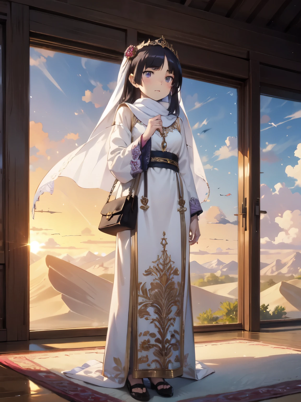 (masterpiece, Highest quality:1.1), (Desert Princess), kirino kousaka, 1 Girl, alone, Gold embroidery, Kaftans,Turbaned, scarf, jewelry, Circlet, 額のjewelry, Elegant robes, satin, Veil, gem, tiara, Arabian Style, Desert Landscape, carpet, Hair blowing in the wind, Shining, Sunset, oasis, silk, Sparkling Eyes, Sand Dunes